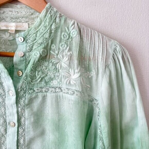 LoveShackFancy Ronda Embroidered Lace Trim Blouse in Jade Mist Hand Dye - Picture 7 of 11